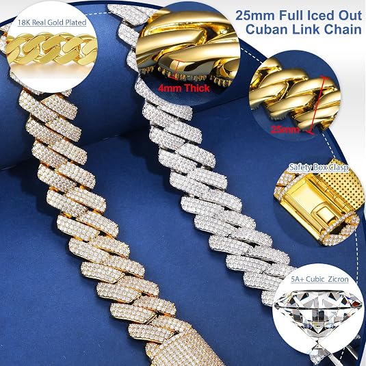 30MM/25MM Cuban Link Chain for Men And Women, Large Iced Out Cuban Chain Diamond-Cut, Luxury Miami Cuban Link Chain, 18K Gold Plated, 5A+ Zircronia, Thick