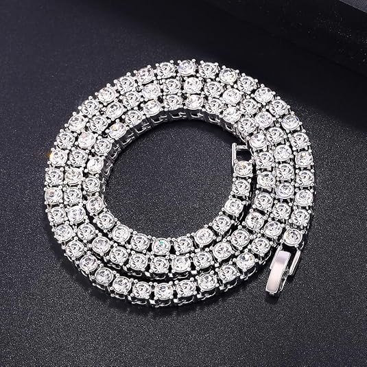 Solid Gold over S925 Sterling Silver Men's Chain Necklace, 8mm Moissanite Tennis Link Pave Hip-Hop Jewelry, Dazzling Everyday Unisex Accessory