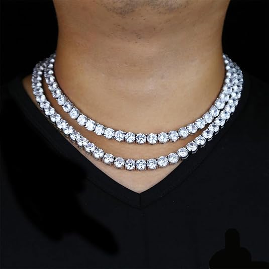 Solid Gold over S925 Sterling Silver Men's Chain Necklace, 8mm Moissanite Tennis Link Pave Hip-Hop Jewelry, Dazzling Everyday Unisex Accessory