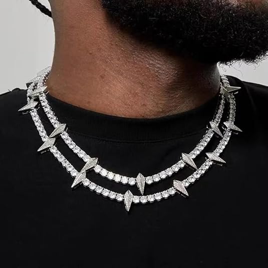 Solid Gold over S925 Sterling Silver Panther Head 5mm Tennis Chain Necklace for Men, Pointed Pendant with Cuban Link, Urban Hip Hop Gift for Him