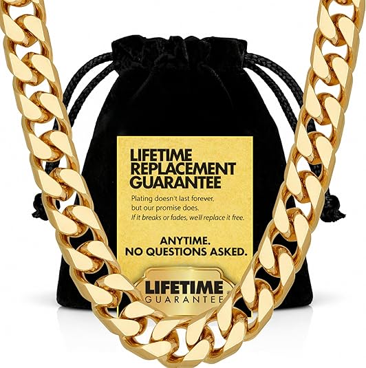 LIFETIME JEWELRY Miami Gold Cuban Link Chain for Men - Square Cut Real 24K Gold Plated Curb Chain - Lifetime Replacement - Durable Clasp (5mm & 9.5mm)