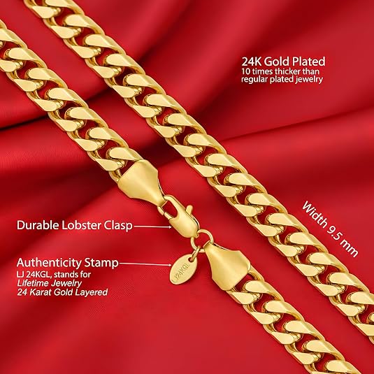 LIFETIME JEWELRY Miami Gold Cuban Link Chain for Men - Square Cut Real 24K Gold Plated Curb Chain - Lifetime Replacement - Durable Clasp (5mm & 9.5mm)